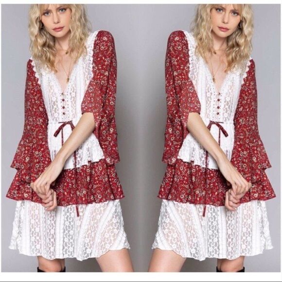 Cottage Core Woven Tiered Ruffle Mini Dress - Picture 1 of 12